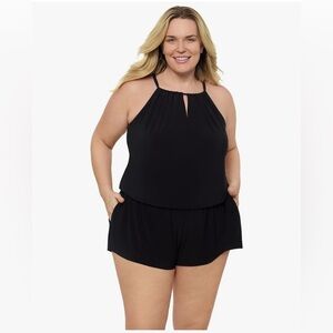 Aqua Green Women's Standard Keyhole Blouson Romper, Black Swim Romper size M